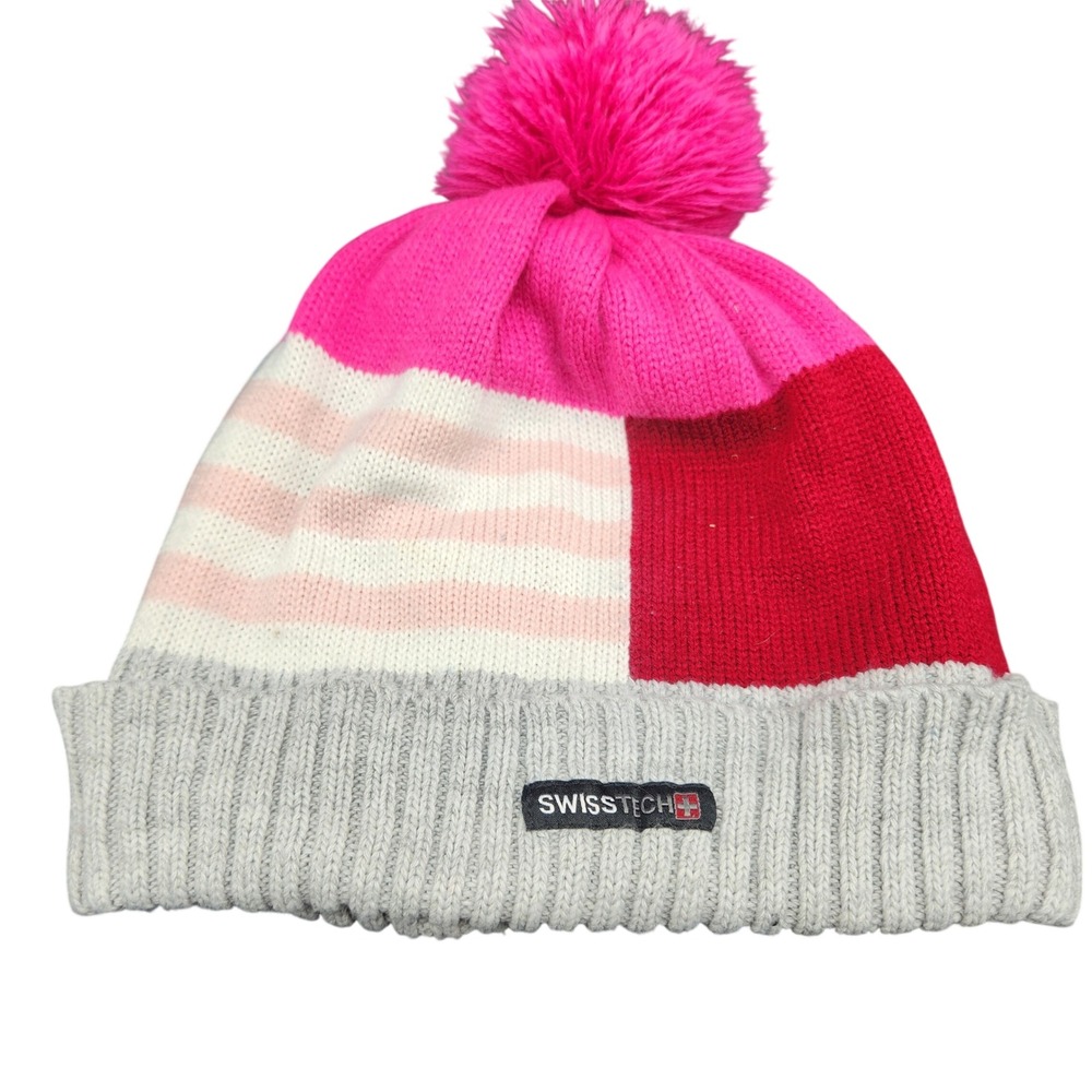 Swiss Tech Color Block Pom Beanie Hat Pink White Red Gray Fleece Lined